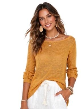 Tahari 100 Percent Linen Knit Long Sleeve Top Yellow Large summer boho minimal
